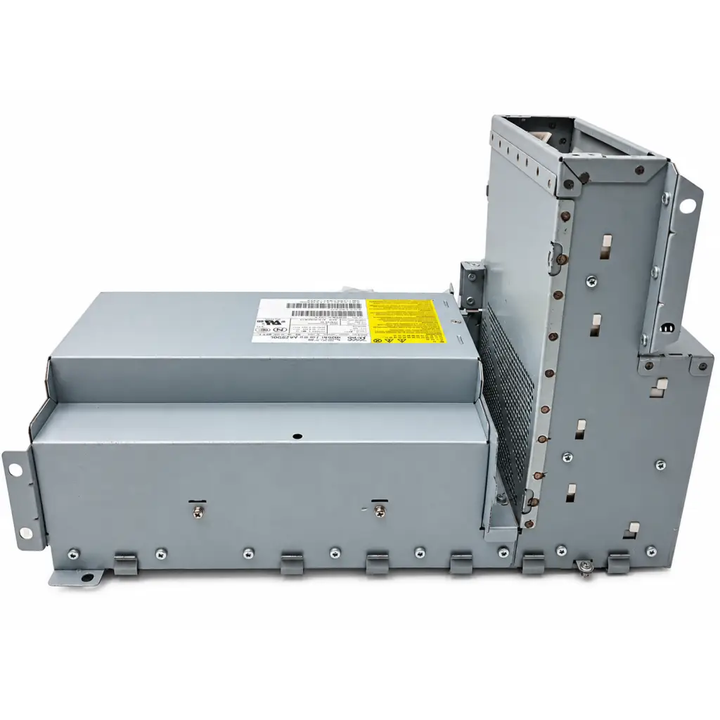Gray metal astec aa23900l 422w power supply with yellow warning label and barcode sticker on back main pca board