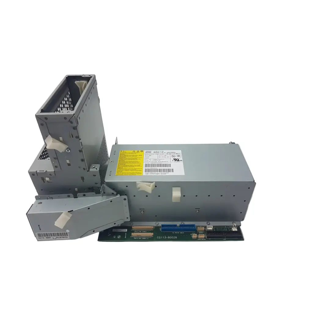 Gray metal power supply with main pca board featuring yellow warning label and white plastic fasteners back side view