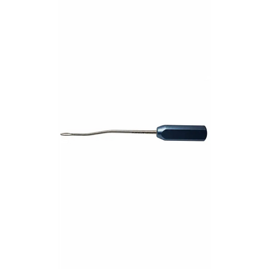 Atlantech 15370 blue-handle surgical instrument with slender curved metallic shaft and pointed tip for medical use