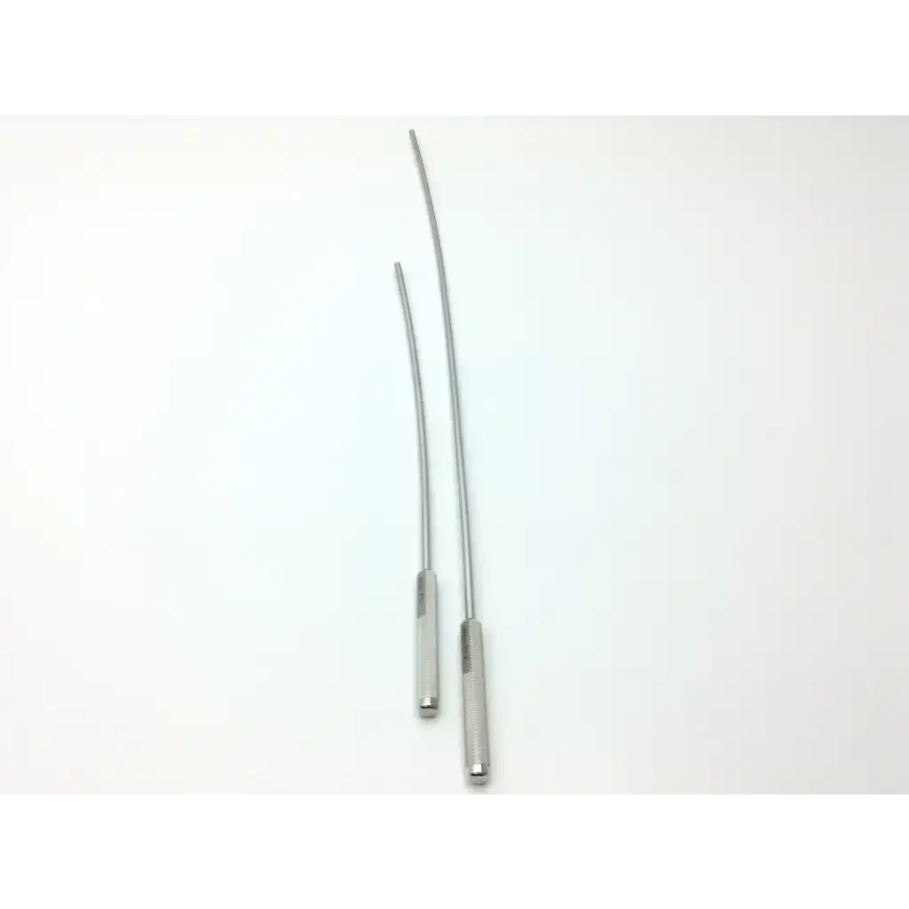 Two slender metallic silver vascular systems tunneler forceps with polished handles and curved tapered tips in tunneler instrument set