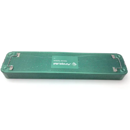 Green perforated metal surgical instrument tray branded arthrum vascular systems for atrium 26004 systems tunneler instrument set