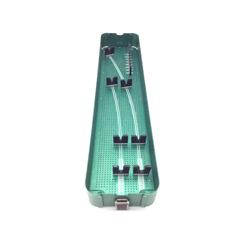 Green metal surgical instrument tray with black holders and clear tubing for atrium 26004 vascular systems tunneler instrument set