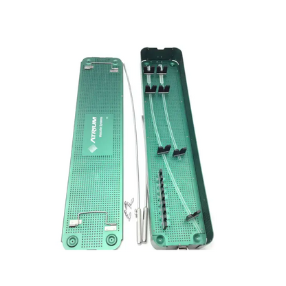 Green atrium brand surgical instrument tray with perforated surface and compartments for vascular systems tunneler set