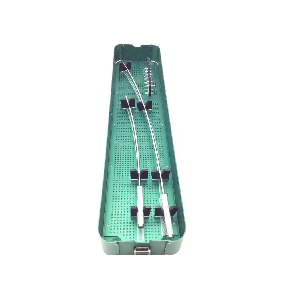 Green metal surgical instrument tray with organized stainless steel tools in atrium 26004 vascular systems tunneler set