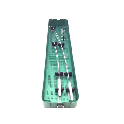 Green metal surgical instrument tray with organized stainless steel tools in atrium 26004 vascular systems tunneler set