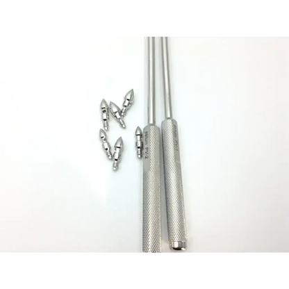 Silver aluminum vascular systems tunneler instrument set with textured grips and pointed tips for precise use