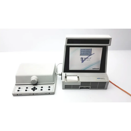 Gray audioscan verifit model vf-1 hearing aid analyzer with built-in screen and separate control unit with dial and buttons