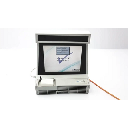 Gray audiovox verify kiosk terminal with built-in screen displaying verify logo on audioscan verifit model vf-1 hearing aid analyzer