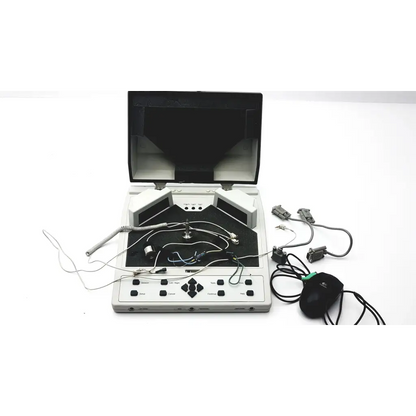 White audioscan verifit model vf-1 hearing aid analyzer with black screen control panel and multiple cables and connectors