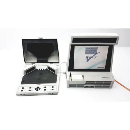 Silver and black audioscan verifit model vf-1 real-ear hearing aid analyzer with fingerprint scanner and integrated display screen