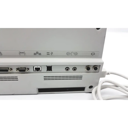 White plastic rear panel of audioscan verifit model vf-1 hearing aid analyzer with usb ethernet and audio ports