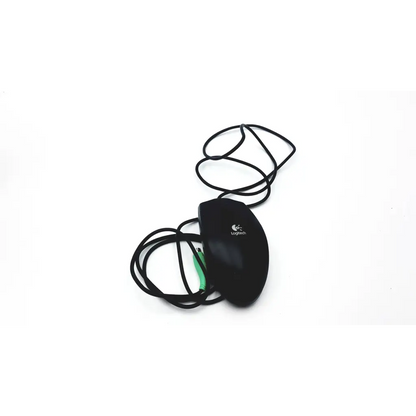 Black logitech computer mouse with coiled cable shown with audioscan verifit model vf-1 hearing aid analyzer