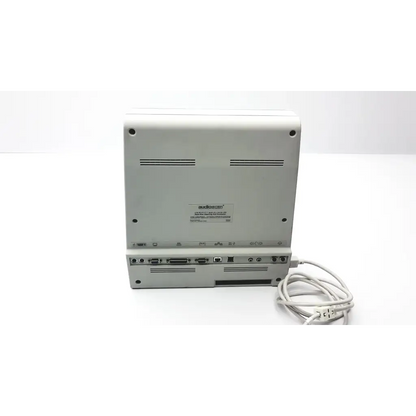 Silver audioscan verifit model vf-1 hearing aid analyzer showing multiple ports and coiled cable on its back side