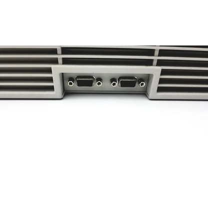 Back side of silver aluminum audioscan verifit model vf-1 hearing aid analyzer with two vga ports and circular connectors