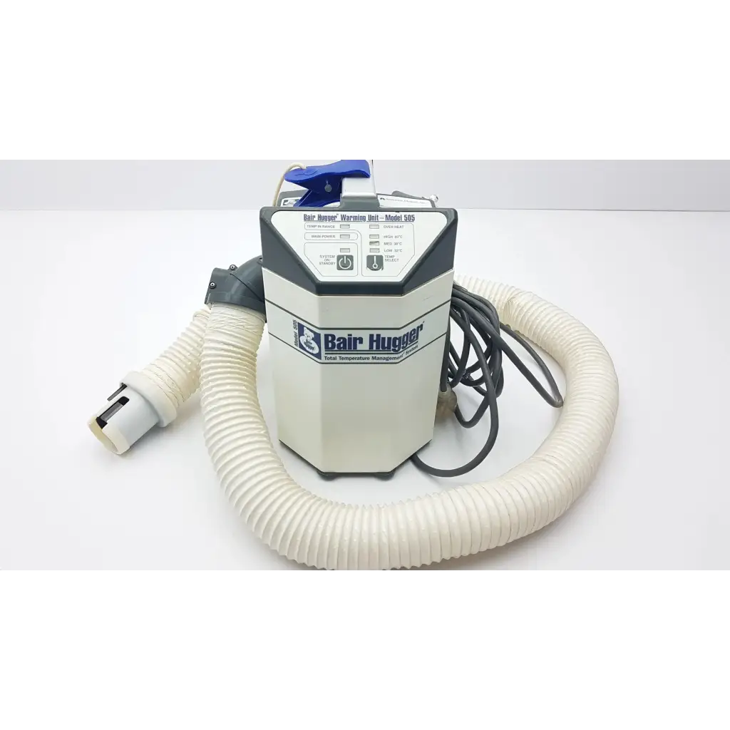 Augustine Medical Bair gray and white medical bair hugger patient warming unit with blue handle and coiled hose