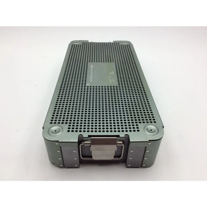 Gray perforated metal autocuff opus collection shoulder instrument case with sturdy latch and riveted corners