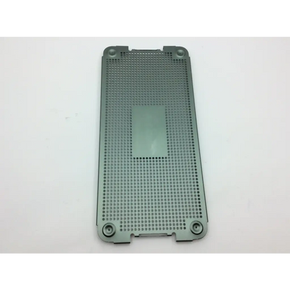 Back side of gray perforated metal phone panel with central solid section and mounting points for autocuff opus collection shoulder instrument