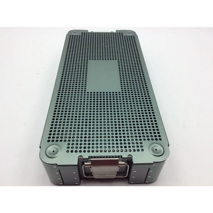 Gray perforated metal surgical instrument case with handle and reinforced corners from autocuff opus collection shoulder set
