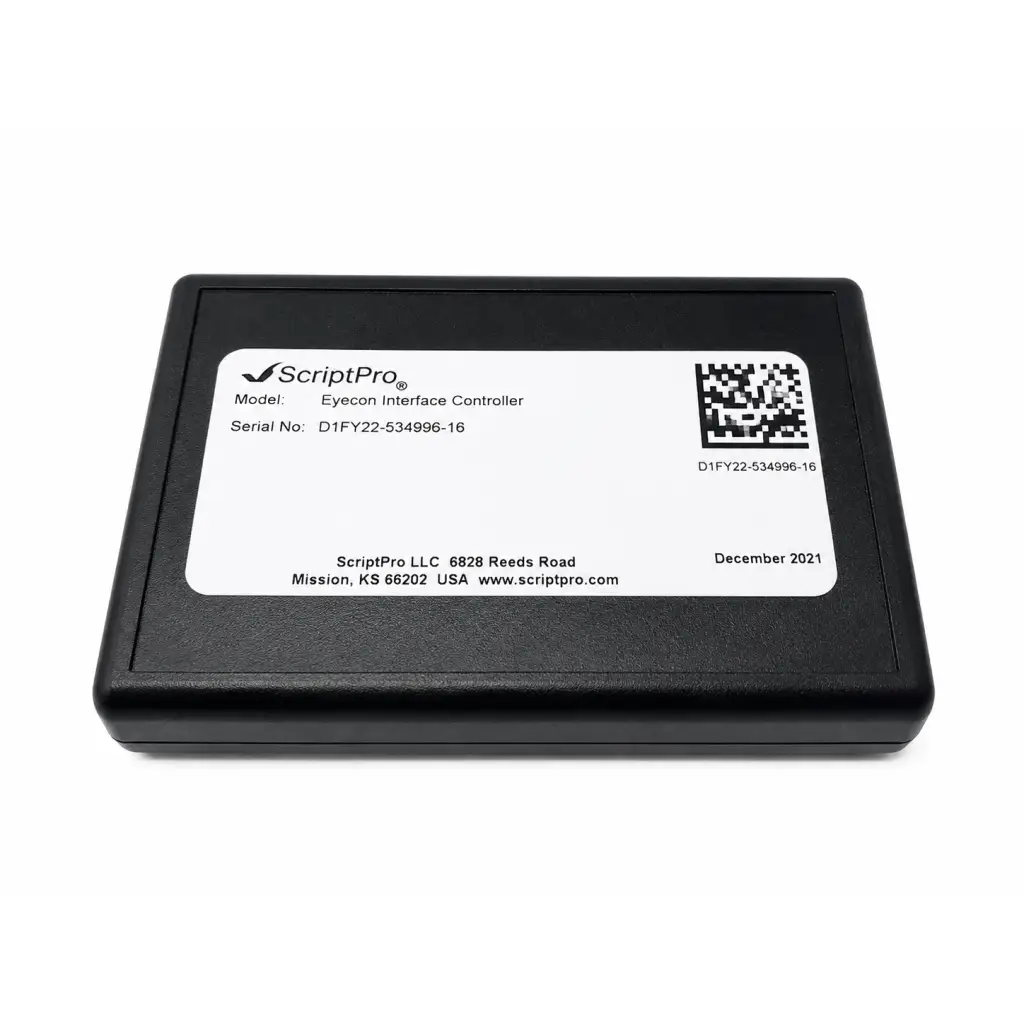 Black scriptpro eyecon interface controller with matte finish and label shown on the back of avery weigh-tronix visual counting medical equipment