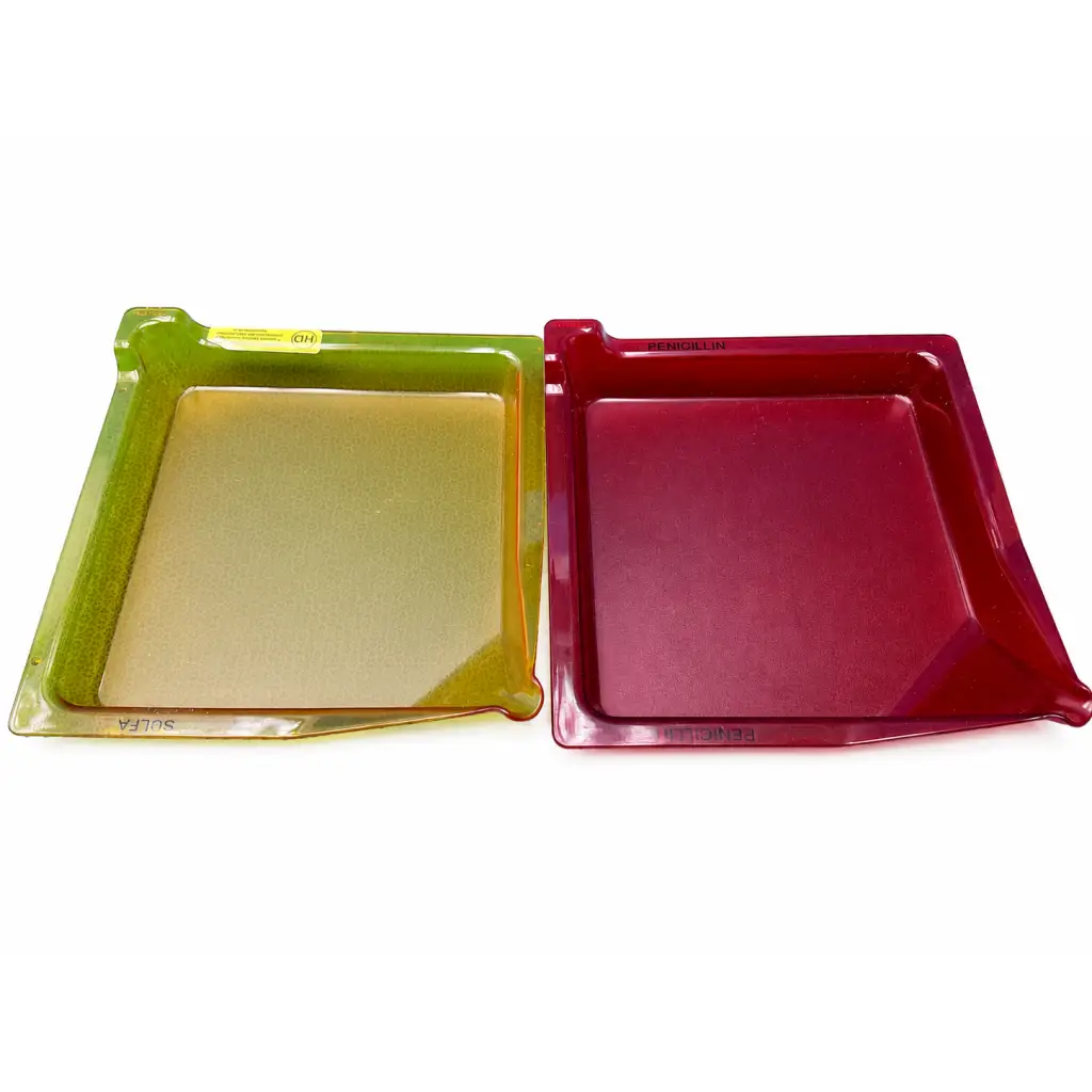 Two translucent plastic trays lime green and deep red with raised rims for avery weigh-tronix visual counting system medical equipment