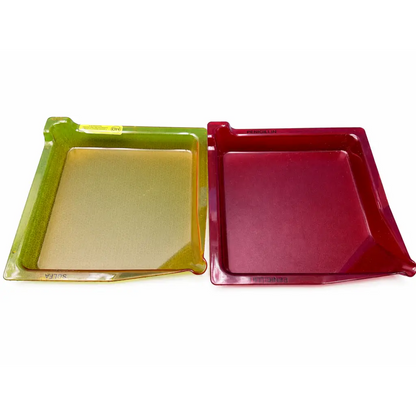Two translucent plastic trays lime green and deep red with raised rims for avery weigh-tronix visual counting system medical equipment