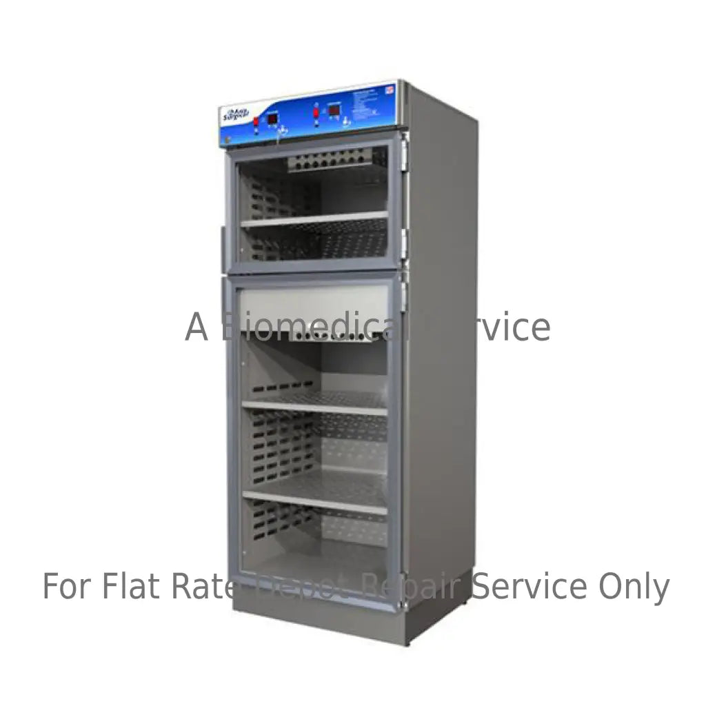 Gray stainless steel axia dwc 24 medical sterilizer cabinet with blue control panel and perforated shelves for repair service