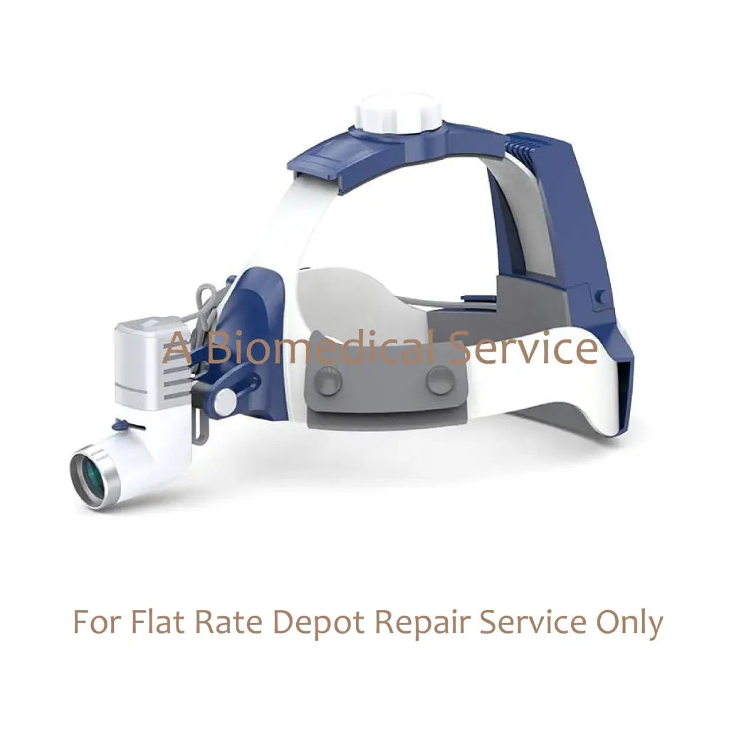 Blue and white head-mounted surgical lamp with adjustable arm and lens for Axia Entonofos flat-rate medical equipment repair service