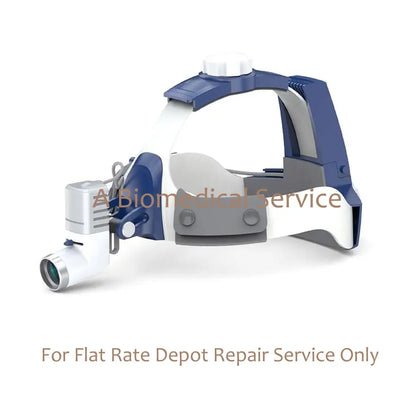Blue and white head-mounted surgical lamp with adjustable arm and lens for Axia Entonofos flat-rate medical equipment repair service