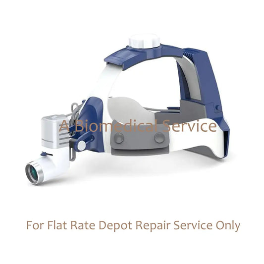 Blue and white head-mounted surgical lamp with adjustable arm and lens for Axia Entonofos flat-rate medical equipment repair service