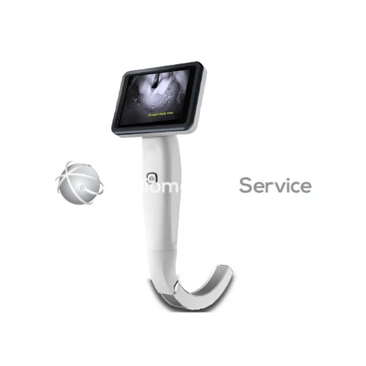 White and silver axia hdview r-series video laryngoscope with curved handle and integrated screen for biomedical service use