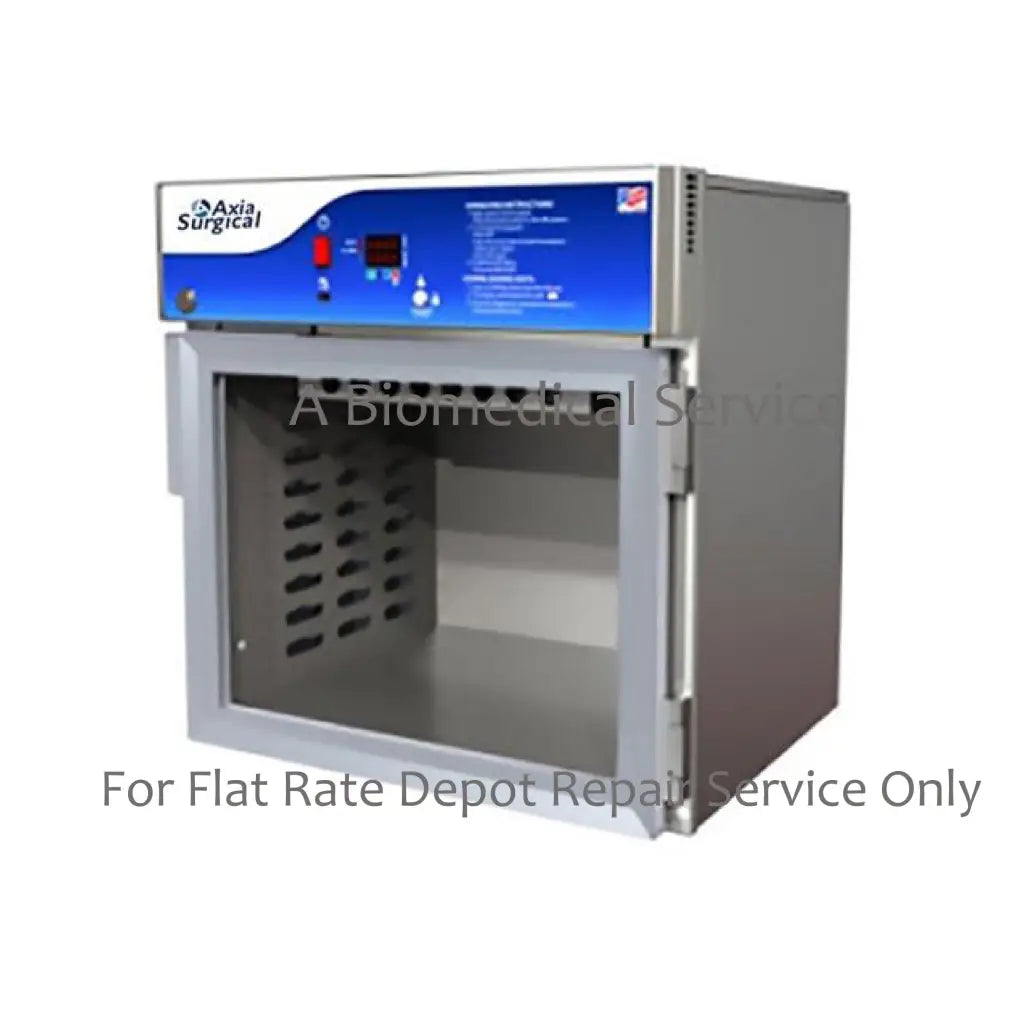 Silver stainless steel axia surgical sterilization cabinet with blue control panel and glass door for medical equipment repair service