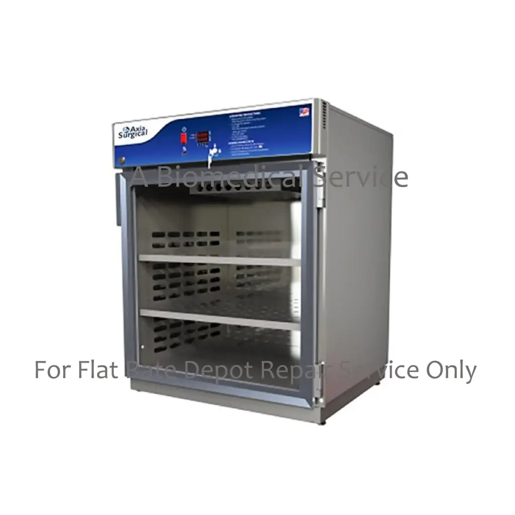 Silver stainless steel axia swc 72 medical sterilizer with blue control panel glass door and three perforated shelves for medical equipment repair service and flat-rate repair