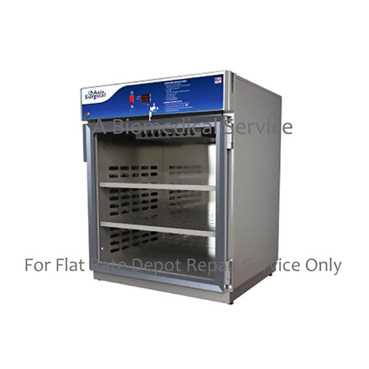 Silver stainless steel axia swc 72 medical sterilizer with blue control panel glass door and three perforated shelves for medical equipment repair service and flat-rate repair