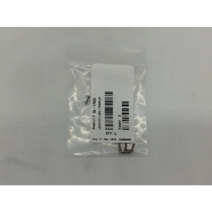 A clear plastic bag with five metallic lockscrew ad5-321 screws labeled axs 56-17505 with product details and barcode