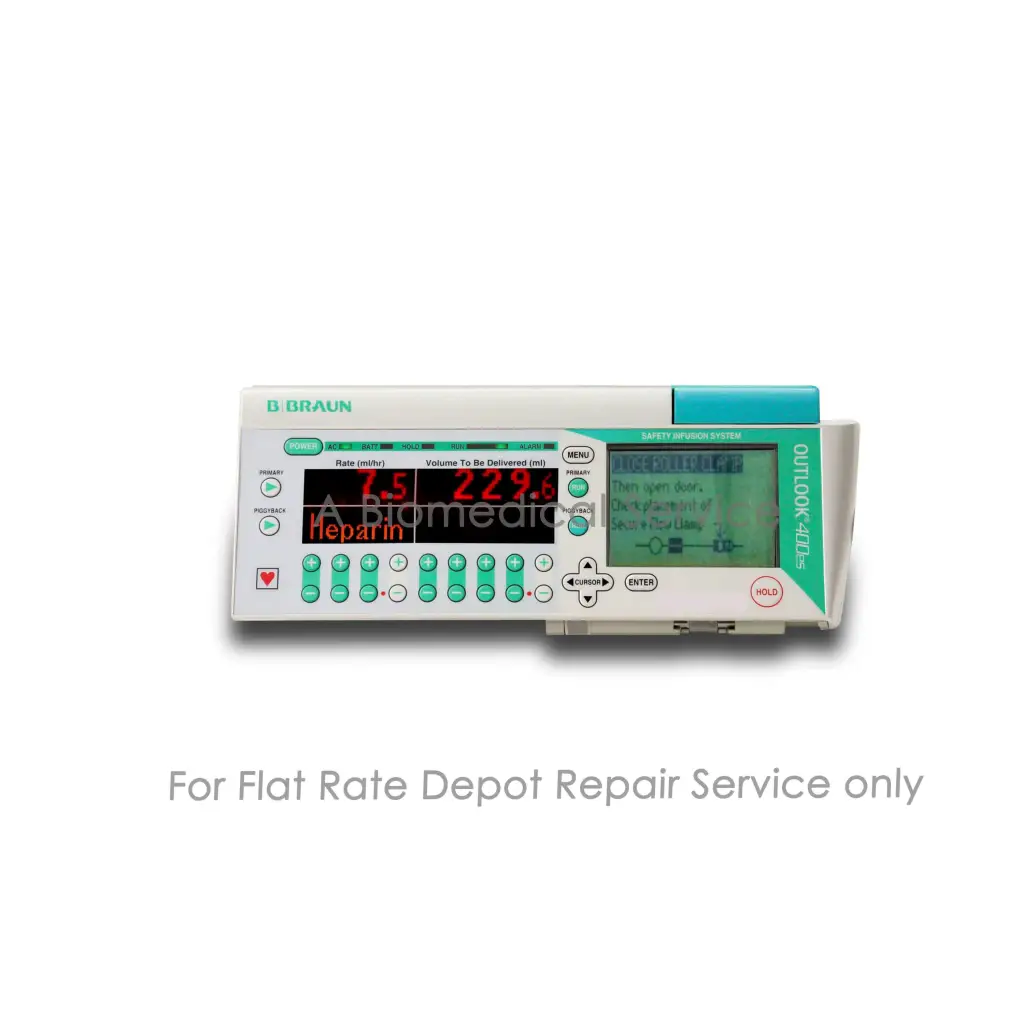 Braun outlook 4000 safety infusion pump with white teal casing green buttons digital display for medical equipment repair service flat-rate repair