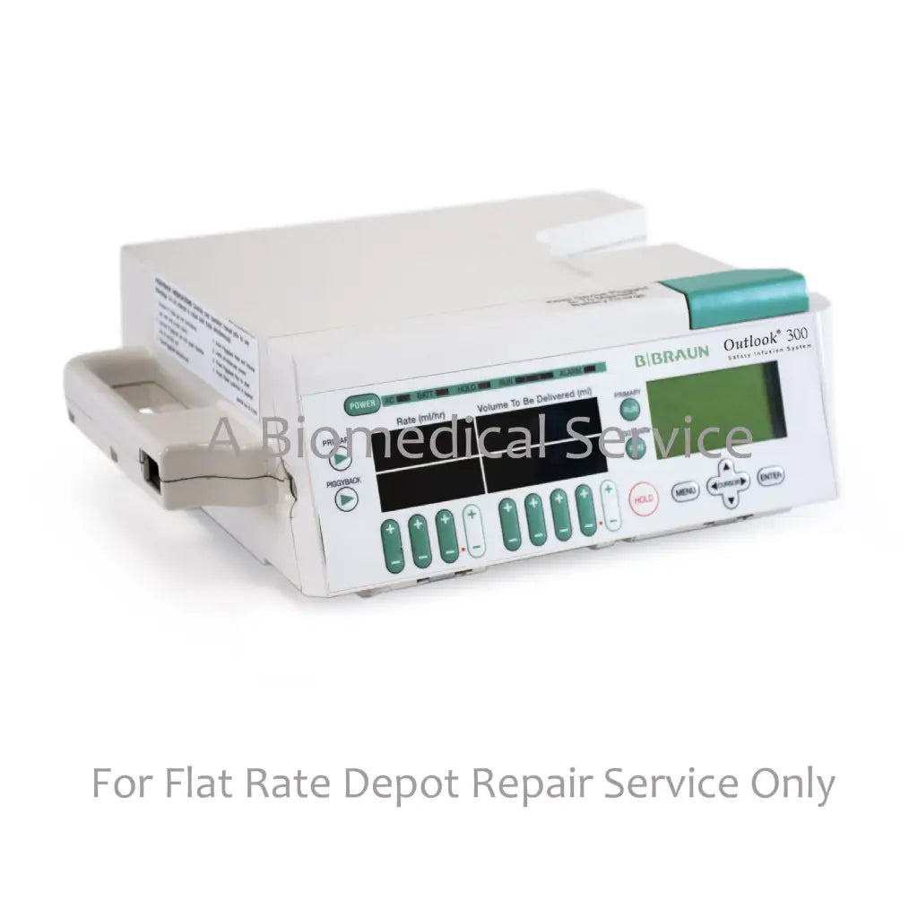 B braun outlook 300 medical equipment infusion pump with green buttons and digital display for flat-rate repair service