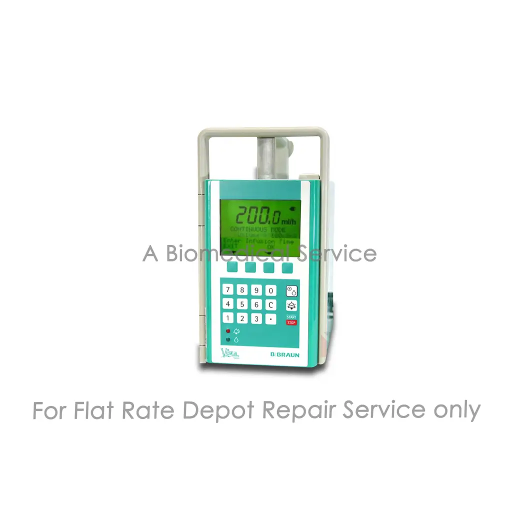 Teal and white braun vista basic infusion pump shown from the front for medical equipment repair service use