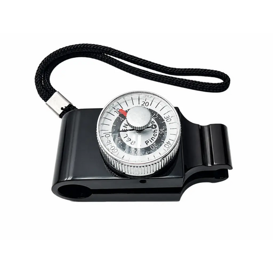 B&L Engineering analog pinch gauge with black plastic stopwatch dial and black braided wrist strap