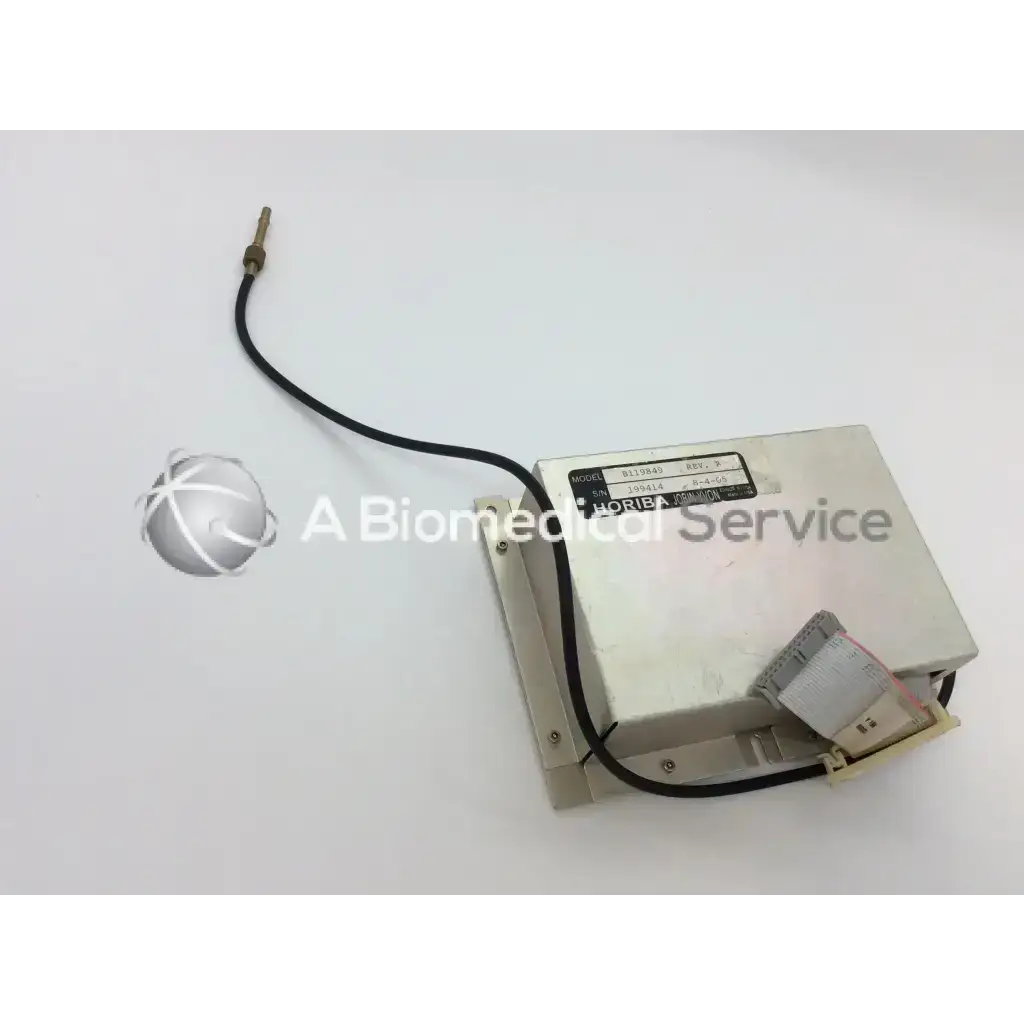 Silver metallic rectangular b119849 horiba spectrometer with black cable and connector labeled horiba