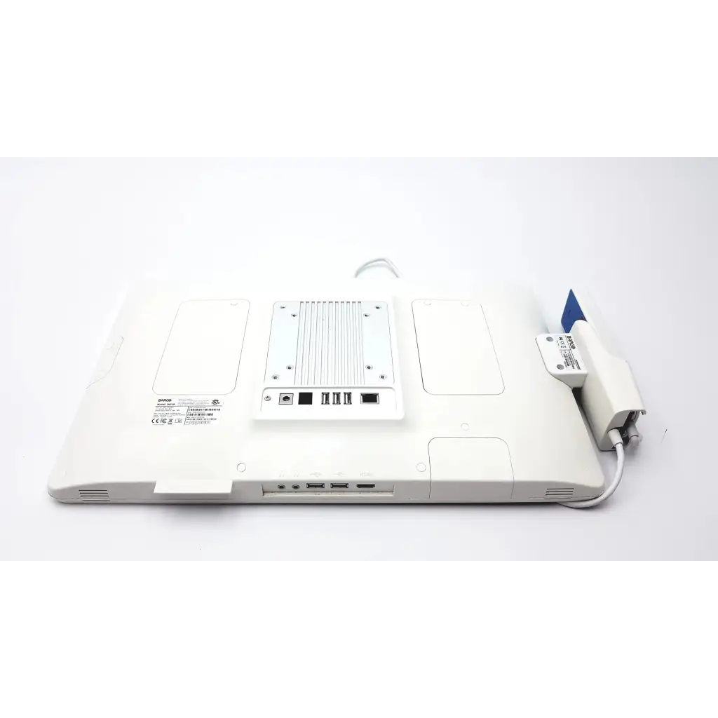 White medical ultrasound machine with blue transducer attached to barco ja018 18.5 inch smart terminal bedside multi-touch screen