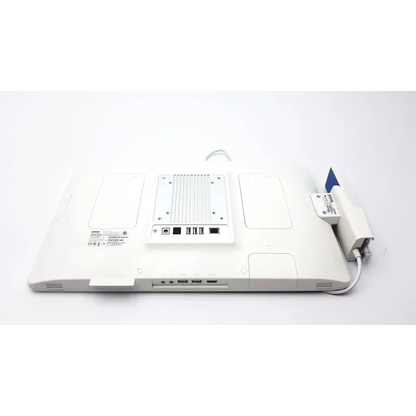 White medical ultrasound machine with blue transducer attached to barco ja018 18.5 inch smart terminal bedside multi-touch screen