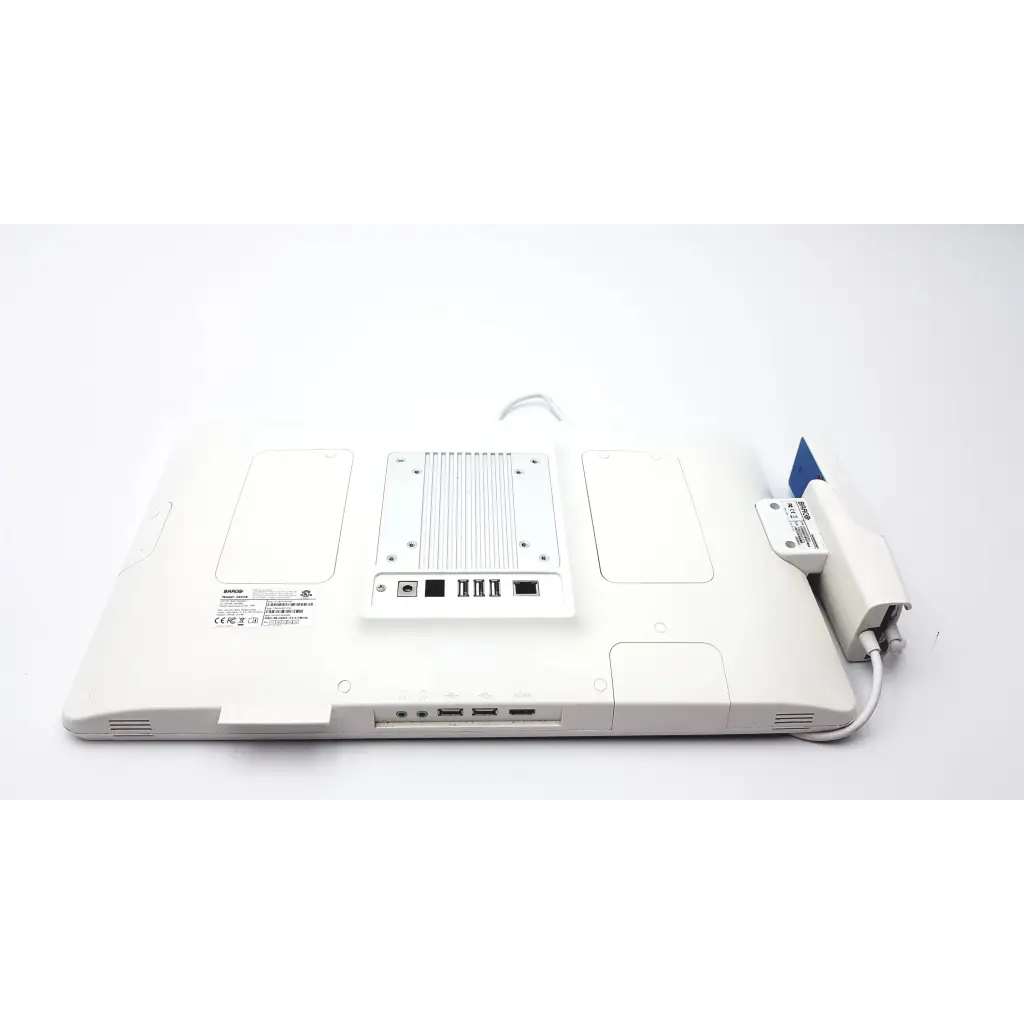 White barco ja018 smart terminal bedside multi-touch screen showing back with silver cooling vent and multiple ports