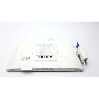 White barco ja018 smart terminal bedside multi-touch screen showing back with silver cooling vent and multiple ports