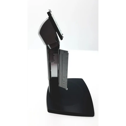 Black plastic barco single head touchscreen kiosk with receipt printer and card reader stand coronis k9302030a
