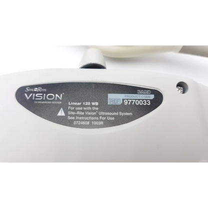 White plastic site-rite vision linear 128 wb ultrasound transducer head with black label for bard 9770033 vascular ultrasound ad4-25 2923sm