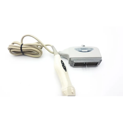 Cream-colored Bard 9770033 vascular ultrasound linear transducer ad4-25 with coiled cable and control box for imaging