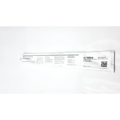 White packaged bardex all-silicone foley catheter 165816 with printed labeling and barcode visible on the front side