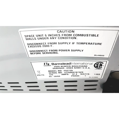 White metal industrial muffle furnace f62735 with black label detailing specifications and safety warnings