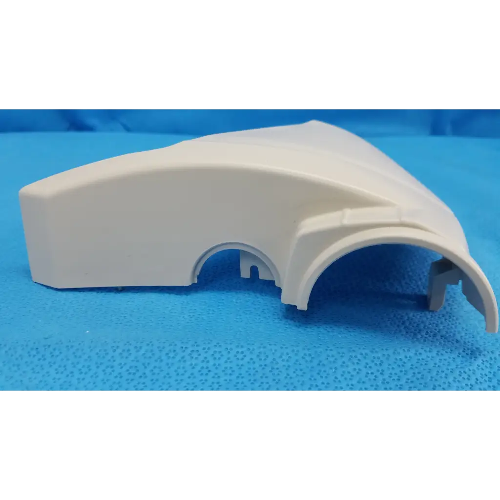 White plastic base arm joint cover housing with curved design and integrated mounting bracket for left side use