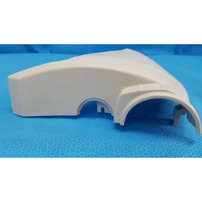 White plastic base arm joint cover housing with curved design and integrated mounting bracket for left side use